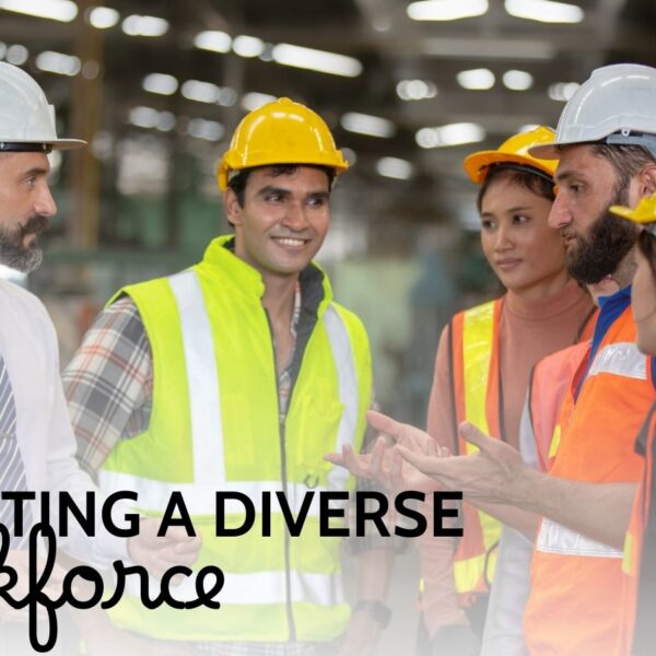 Diverse group of construction workers in hard hats and high-visibility vests talking inside an industrial facility, captioned recruiting a diverse workforce