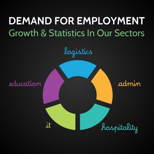Colour-coded pie chart of UAE employment growth sectors: logistics, admin, hospitality, IT and education, on a dark background