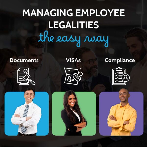 Composite of business team meeting with three studio portraits below and icons for documents, visas and compliance, captioned managing employee legalities the easy way