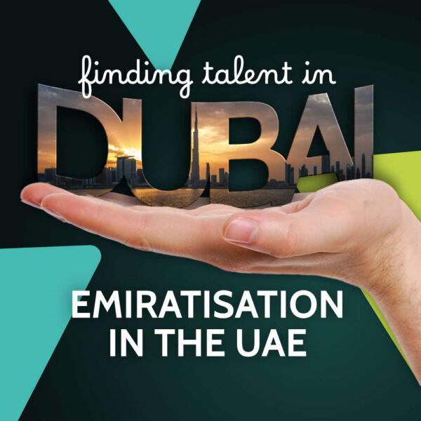 Open hand with a Dubai skyline scene inside the word DUBAI, captioned finding talent in Dubai, Emiratisation in the UAE