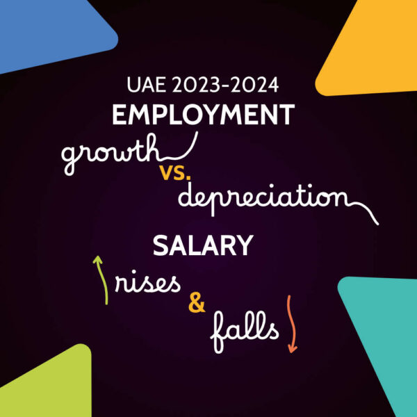 Dark purple background with colourful triangles, captioned UAE 2023-2024 employment growth vs depreciation, salary rises and falls